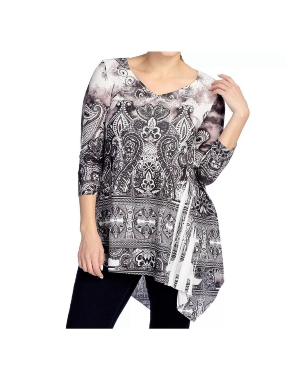 ONE WORLD Women's Printed Knit 3/4 Sleeve Asymmetrical Tunic White/Black. M